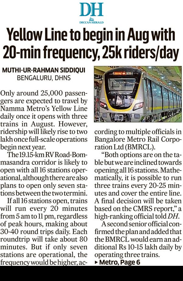 ever_pessimist's tweet image. With 3-train ops & all 16 stations open, what to expect on #BengaluruMetro's #YellowLine?
• 20-min frequency (regardless of peak hrs)
• 5 am to 11 pm ops
• 40 roundtrips
• 25K daily ridership
• Daily fare revenue of ₹10-15L
• Crowd-control measures at RV Road
@WF_Watcher