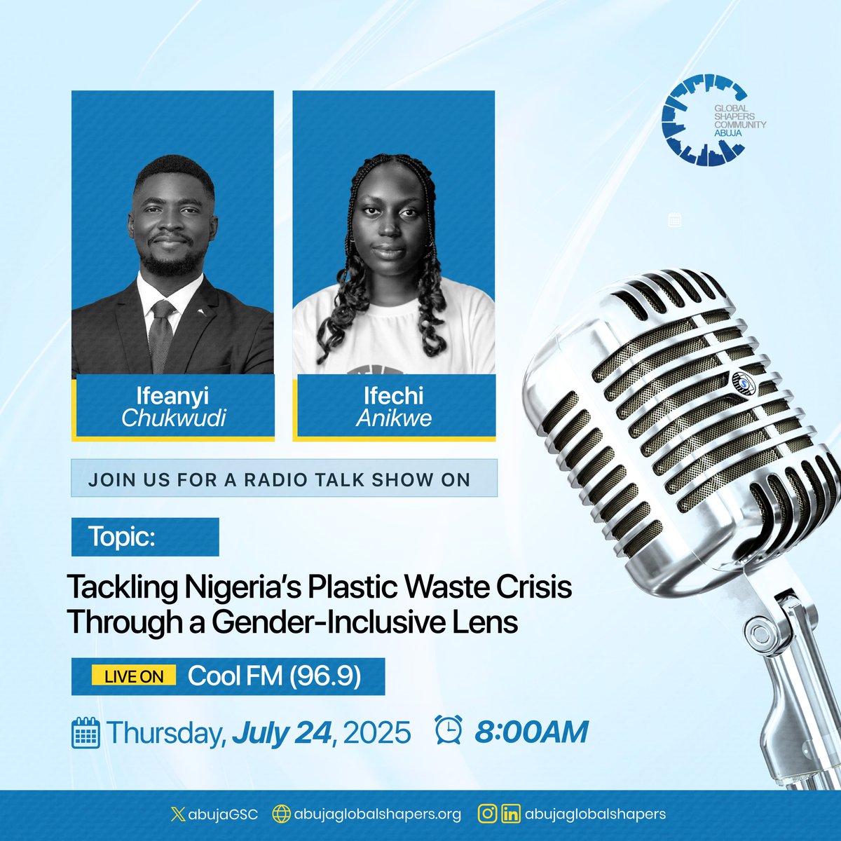 AbujaGSC's tweet image. Catch the Abuja GSC team live on Cool FM (96.9) tomorrow as we shed light on how to tackle Nigeria's plastic waste problem through a gender-inclusive lens.
Time is 8 am. 📌
This is in furtherance of our climate reality project aimed at promoting environmental sustainability. 🪴