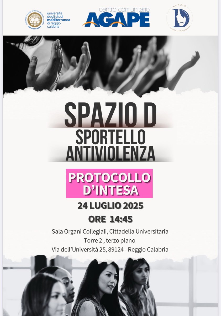 📄 Protocollo di intesa per l’attivazione di uno sportello antiviolenza presso l’Università Mediterranea

📅 Giovedì 24 Luglio
🕓 Ore 14.45
📍 Sala Organi Collegiali – Università Mediterranea di Reggio Calabria