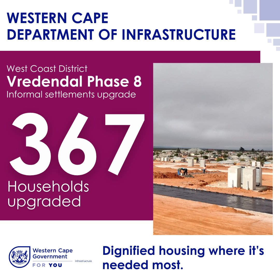 Min_TSimmers's tweet image. Phase 8 of our housing project in Vredendal includes the upgrading of informal settlements. Almost 370 units have been upgraded here.
The Western Cape Government works to promote dignity of all our residents. #infrastructure #foryou
