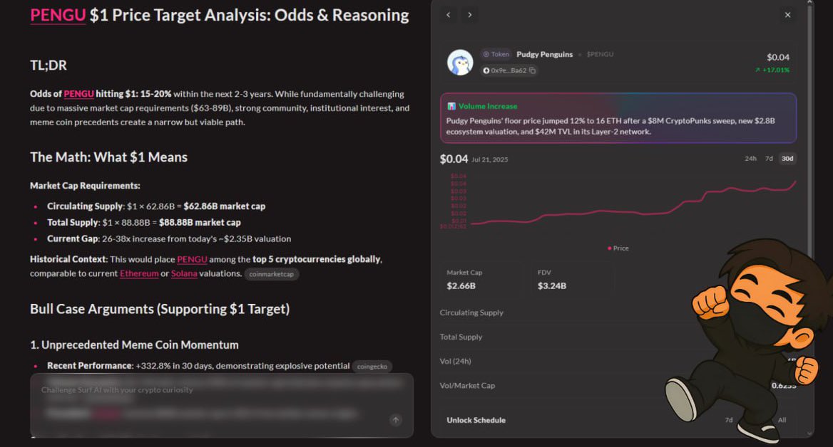 C1PH3Rx91's tweet image. We all need reliable info.

Especially if you’re creating content or yapping daily.

And @Surf_Copilot just launched on web so I wanted to play around. 

Here’s what I did.

I asked Surf for a price analysis on $pengu.

It handled the research for me of course.

Gave me a TLDR,…
