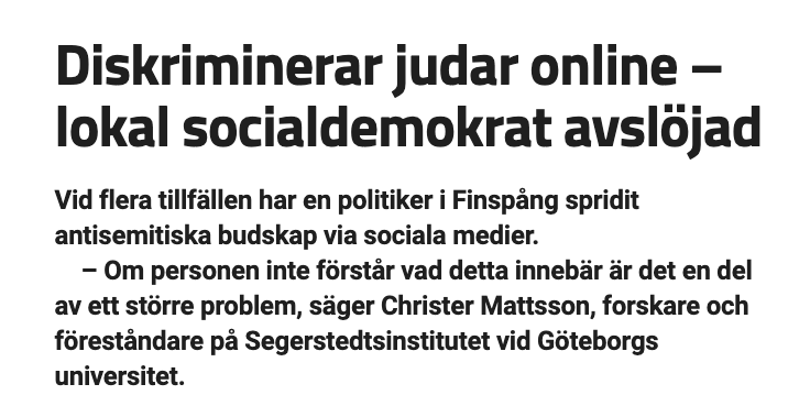 Daniel Leviathan (@danielleviathan) on Twitter photo Bra att <a href="/pivatack/">Thomas Larsson</a> spridning av antisemitiska budskap hÀr pÄ X uppmÀrksammas.
Mattson: "InlÀggen Àr typiska tecken pÄ det som inom forskningen benÀmns som israeliserad antisemistism."
Sorgligt att se att hans twittrande försvaras av KSOn i FinsprÄng. Bra att <a href="/pivatack/">Thomas Larsson</a> spridning av antisemitiska budskap hÀr pÄ X uppmÀrksammas.
Mattson: "InlÀggen Àr typiska tecken pÄ det som inom forskningen benÀmns som israeliserad antisemistism."
Sorgligt att se att hans twittrande försvaras av KSOn i FinsprÄng.