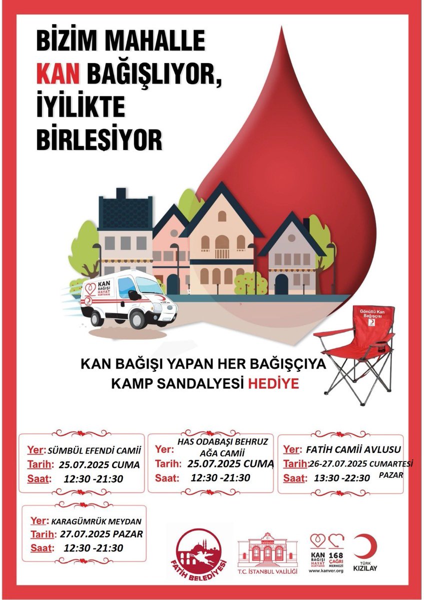 Bizim mahalle kan bağışlıyor, iyilikte birleşiyor.🩸

25-27 Temmuz tarihleri arasında Türk Kızılay'ı ile düzenleyeceğimiz kan bağışı kampanyamıza herkesi bekleriz. 🤗

Birlikteyiz, çünkü bu bizim kanımızda var. 🤝
