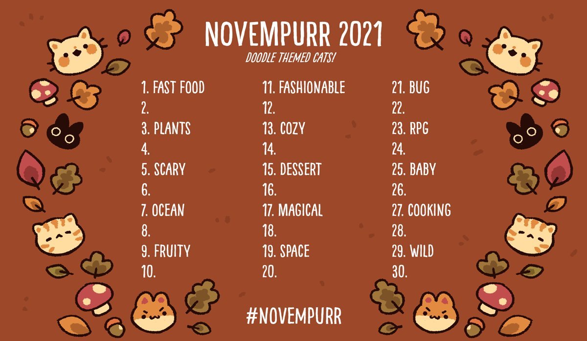 stefscribbles's tweet image. still some time away but i'm thinking about hosting another #novempurr challenge this year. would people be interested? below was the prompt list from 2021