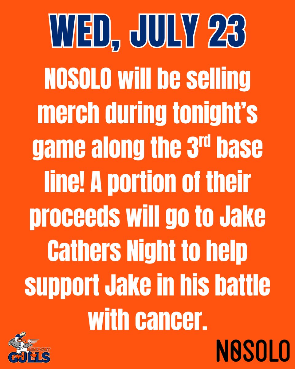 NewportGulls's tweet image. NOSOLO will be selling merch during tonight’s game along the 3rd base line! A portion of their proceeds will go to Jake Cathers Night this Friday!!!
Also, Bill "Spaceman" Lee from the Boston Red Sox will be throwing out tonight's first pitch!