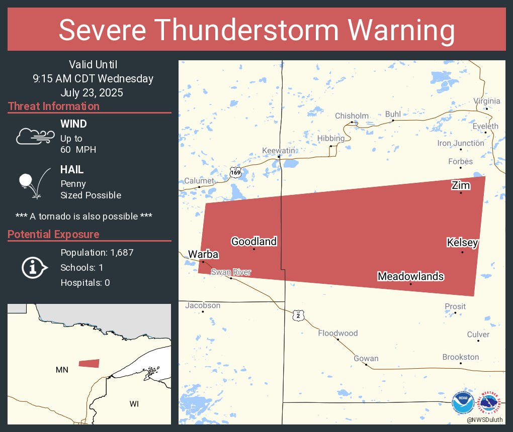 NWSSevereTstorm's tweet image. Severe Thunderstorm Warning continues for Warba MN, Meadowlands MN and Payne MN until 9:15 AM CDT