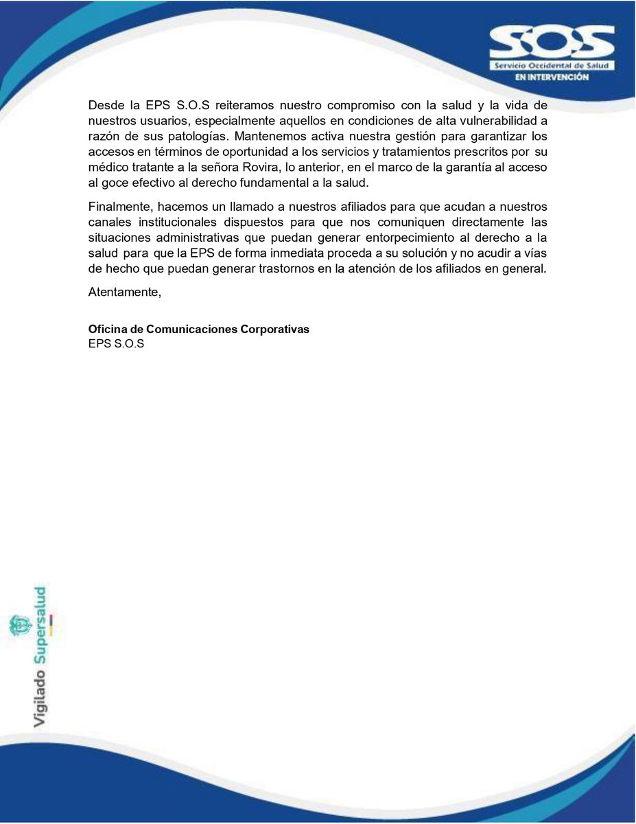 Eps S.O.S - Servicio Occidental de Salud (@eps_sos) on Twitter photo 📢 Comunicado de prensa. Frente a los hechos ocurridos en Popayán el 22 de julio de 2025, EPS S.O.S aclara la situación. Aquí el comunicado oficial 👇 <a href="/Supersalud/">Supersalud</a> 📢 Comunicado de prensa. Frente a los hechos ocurridos en Popayán el 22 de julio de 2025, EPS S.O.S aclara la situación. Aquí el comunicado oficial 👇 <a href="/Supersalud/">Supersalud</a>