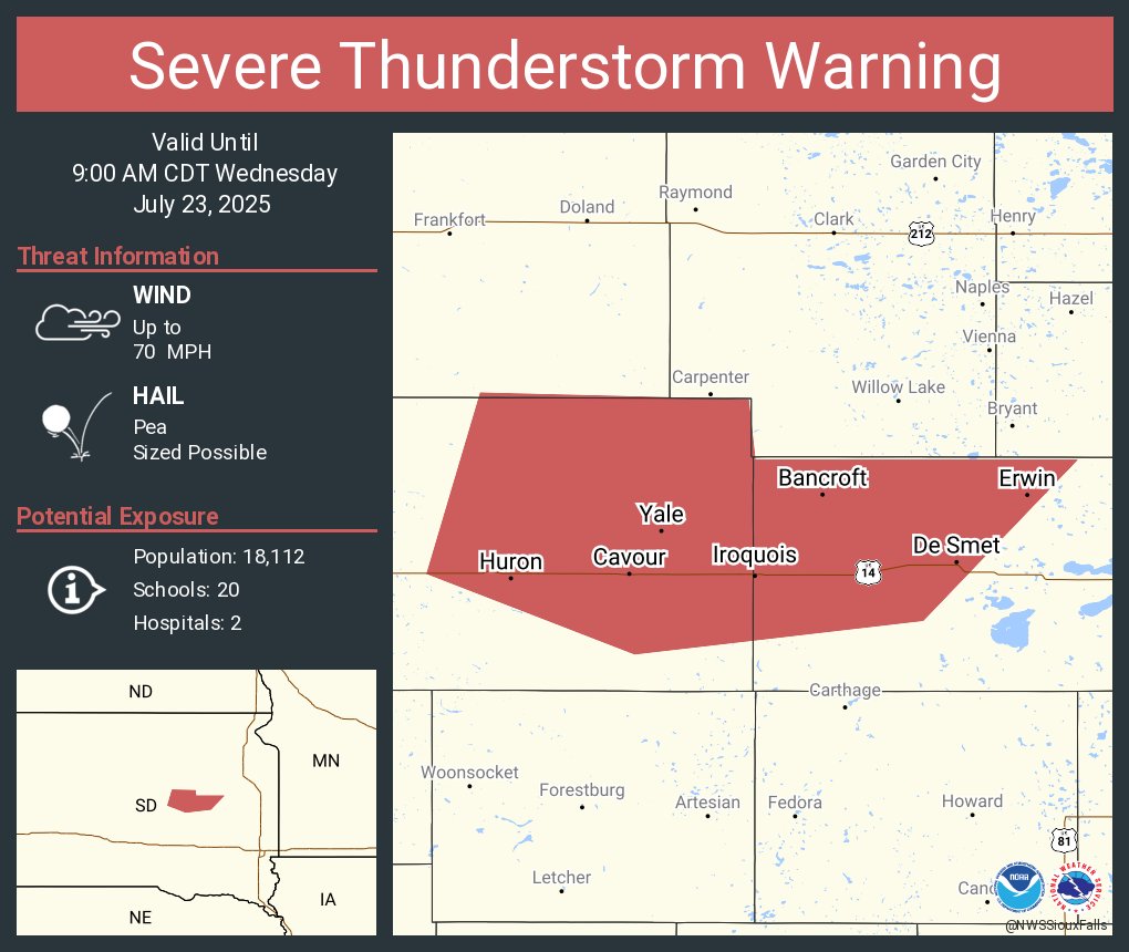NWSSevereTstorm's tweet image. Severe Thunderstorm Warning continues for Huron SD, De Smet SD and Iroquois SD until 9:00 AM CDT. This storm will contain wind gusts to 70 MPH!