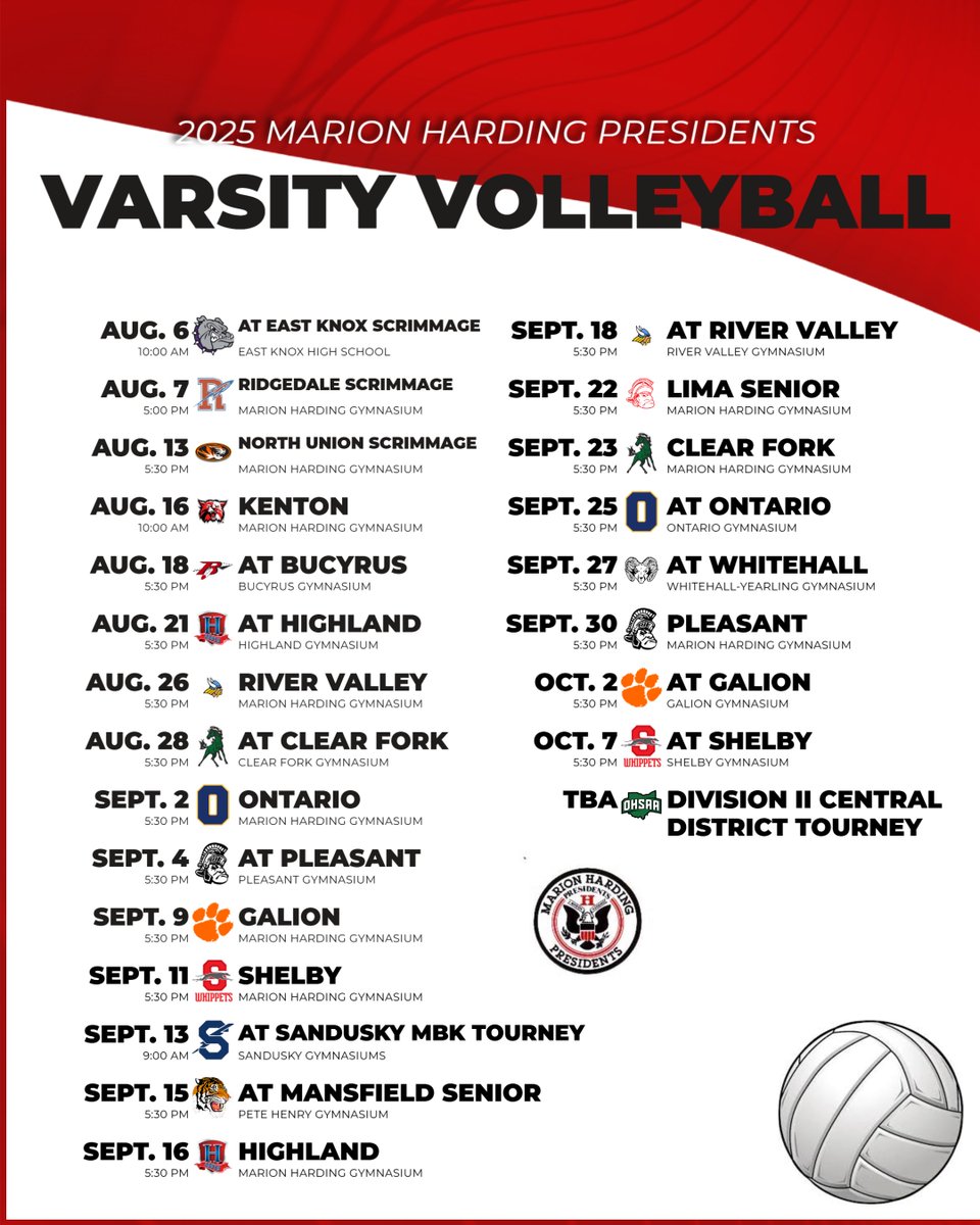 Harding Presidents (@hardingprexies) on Twitter photo 🏐 Marion Harding Volleyball 2025. Mark your calendars to catch the Presidents in action!
<a href="/MCSPresidents/">Marion City Schools</a>
<a href="/SuptMurphyMCS/">Brian Murphy</a> 🏐 Marion Harding Volleyball 2025. Mark your calendars to catch the Presidents in action!
<a href="/MCSPresidents/">Marion City Schools</a>
<a href="/SuptMurphyMCS/">Brian Murphy</a>