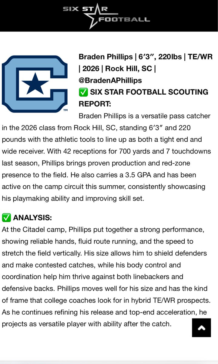 Thank you <a href="/sixstarfootball/">Six Star Football | PLUS+</a> for the scouting report! <a href="/CitadelFootball/">The Citadel Football</a> <a href="/coachdannylewis/">Danny Lewis</a> <a href="/CoachPMcGowan/">Pat McGowan</a> 
<a href="/CoachQSuber/">Quinn Suber</a> <a href="/2sixTrainingLLC/">2SIX Training LLC</a> <a href="/TriCountyNWU3/">Joseph Small</a> 
<a href="/CoachNRosen/">Nick Rosen</a> <a href="/CoachNickVerna/">Nick Verna</a> <a href="/CoachAHiggins_/">Aidan Higgins</a> <a href="/Coach_Ford63/">Matthew Ford</a> <a href="/CoachSapp14/">Chris Sapp</a> <a href="/ChadMartinovich/">Chad Martinovich</a> <a href="/Coach_OHara51/">Scott O’Hara</a> <a href="/CoachForeman42/">Tyree Foreman</a>