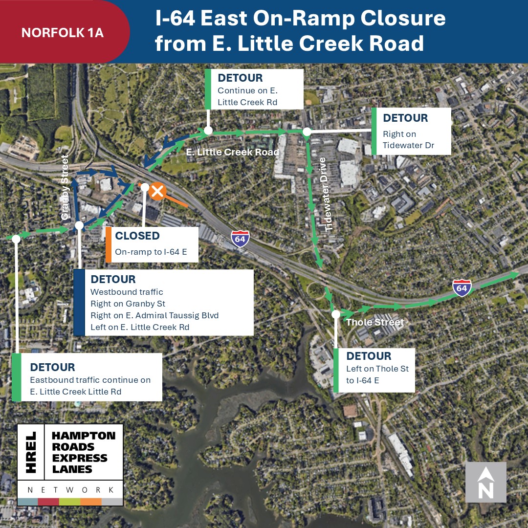 VaDOTHR's tweet image. 🚧 Norfolk: The East Little Creek Rd. on-ramp to I-64 east in @NorfolkVA will be CLOSED continuously from as early as 11 PM July 25 to 5 AM July 28 for ramp maintenance. A detour will be in place.
For more > conta.cc/4l3QN6w
@VaDOT @VaTruckingAssn #hrtraffic