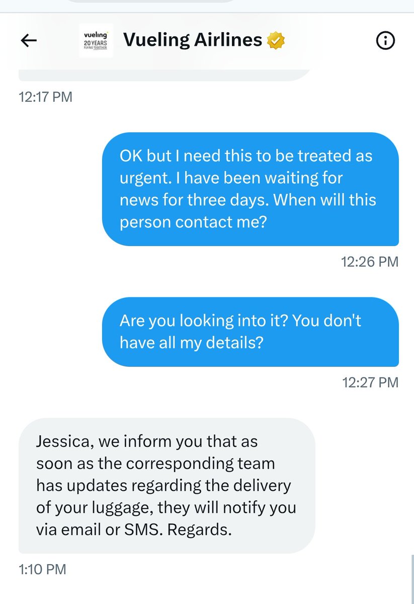 JSpencerAytac's tweet photo. @vueling Operating with very little urgency over the loss of my "luggage". Three days and counting without my wheelchair and this is your response. Taking this conversation public, again. https://t.co/HwQFR5msLQ