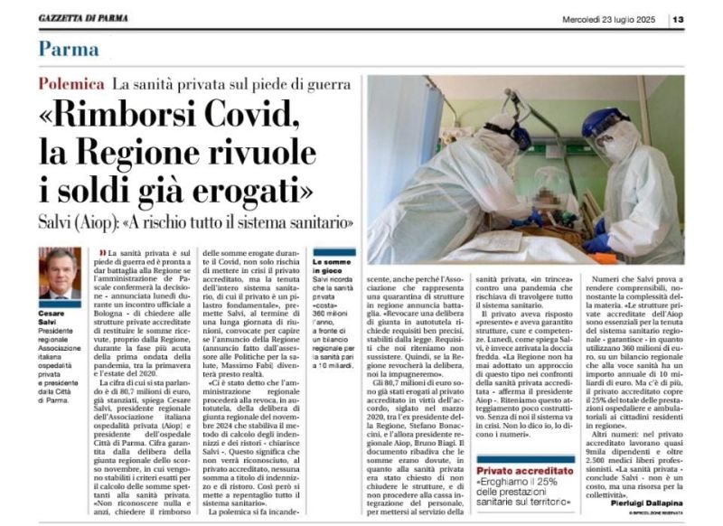 🔴🗞️<a href="/gazzettaparma/">Gazzetta di Parma</a> : la vicenda dei #rimborsi Covid trova ampio spazio sulle testate regionali.
Intervista al presidente di <a href="/AiopEmilia/">AIOP Emilia Romagna</a> avv. Cesare Salvi che insieme al Consiglio chiede un incontro urgente con il presidente della <a href="/RegioneER/">Regione Emilia-Romagna</a> <a href="/mdepascale/">Michele de Pascale</a>.