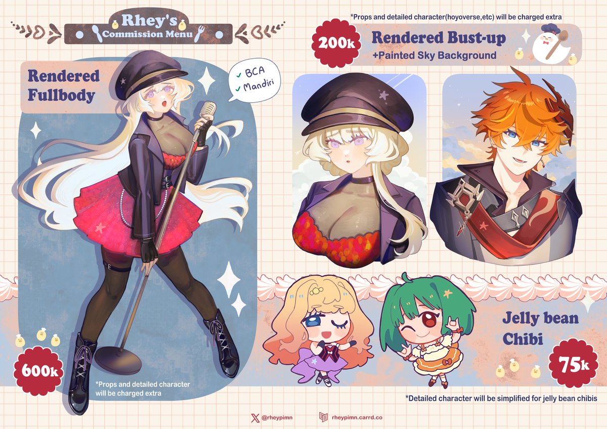 [🌟 Rts are highly appreciated! 🌟]

🎨OPEN COMMISSIONS🎨

Haloo!! I'm open for local commissions!✍️😊Please DM me for inquires and orders~ Thank you for your attention!

ToS below
(1/2)
#opencommission #ArtCommission