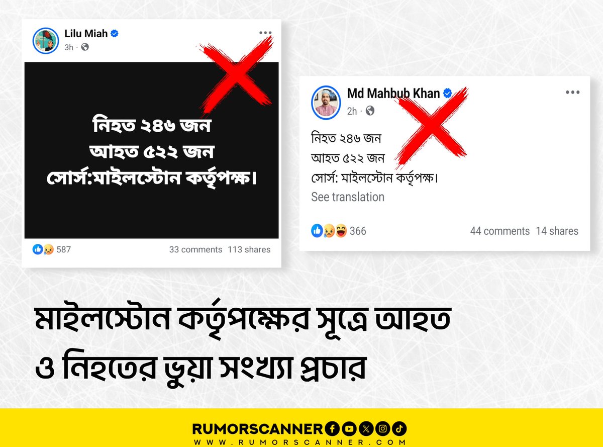 Sohan_RSB's tweet image. মাইলস্টোন কর্তৃপক্ষ ২৪৬ জন নিহত কিংবা ৫২২ জন আহত এমন কোন তথ্য দেয়নি। এসব ভিত্তিহীন সংখ্যা বিশ্বাসযোগ্যভাবে করে প্রচার করতে মূলত মাইলস্টোন কর্তৃপক্ষকে সূত্র হিসেবে লেখা হয়েছে।