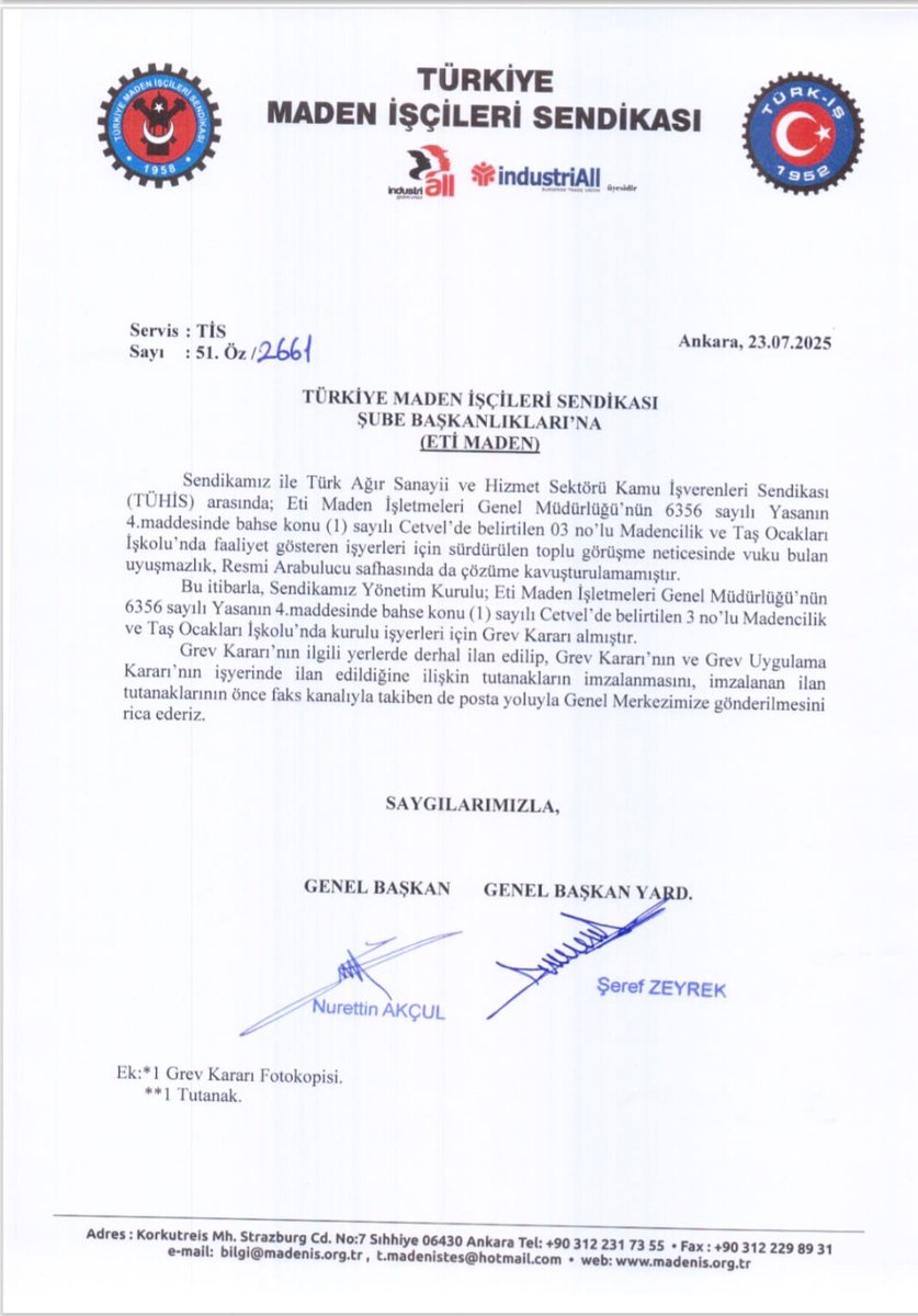 🔴 <a href="/turkiskonf/">TÜRK-İŞ</a> 'a bağlı <a href="/tr_madenis/">Türkiye Maden İşçileri Sendikası</a> sendikası Eti maden işletmelerinde GREV kararı aldığını duyurdu,işverene Grev uygulamasına geçileceğine dair tebliğ,noter aracılığı ile gönderildi.!

İşçiHaklarıİçin GrevseGrev
