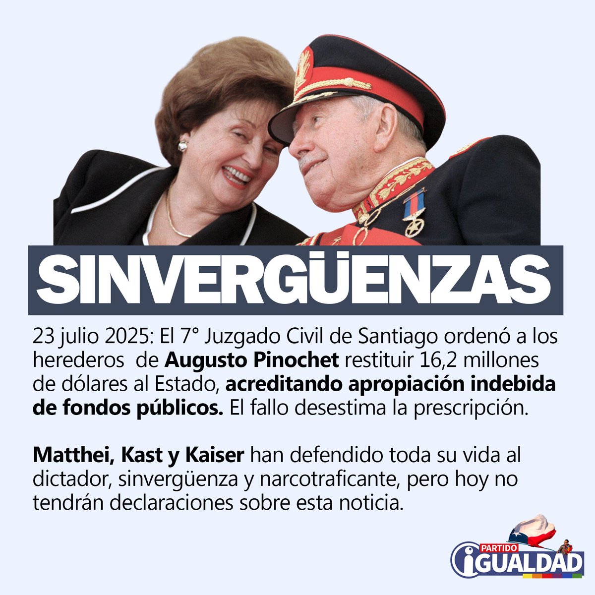 IgualdadPartido's tweet image. 16 millones de dólares es mucho dinero y a la vez es nada. Pinochet lideró redes de narcotráfico, usó distintos nombres en el extranjero para abrir cuentas corrientes y crear empresas fantasmas. 

Lucía, por medio de Cema Chile, robó cientos de propiedades que durante años…