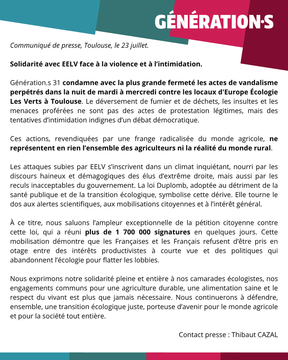 Communiqué de presse en soutien à nos camarades de <a href="/EELVToulouse/">EELV Toulouse</a> ⬇️