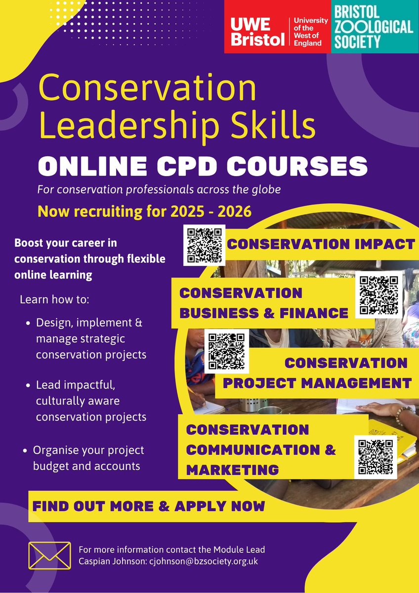 UWE_SoAS's tweet image. We’re delighted to announce that modules under @UWEBristol & @BrisZooSociety’s #MSc in #Conservation Leadership are now available as standalone CPD units.
courses.uwe.ac.uk/USSYHC30M/cons…
courses.uwe.ac.uk/USSYHD30M/cons…
courses.uwe.ac.uk/USSYHE30M/cons…
courses.uwe.ac.uk/USSYHB30M/cons…
#conservationcareers