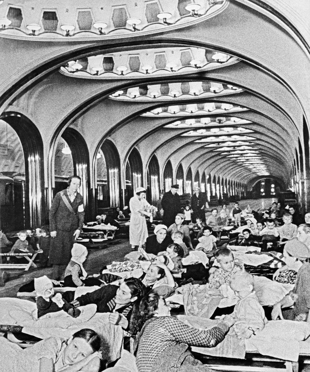 RealTimeWWII's tweet image. As Luftwaffe bombing of Moscow continues, citizens retreat underground, taking shelter in the city's magnificent Metro stations.