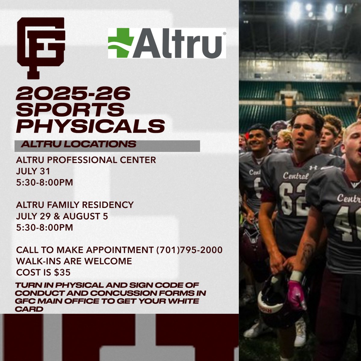 GFC Fall sports start soon! Make sure you are prepared for Day 1! Turn in the following forms and pick up your white card in the main office!
M-Th, 8:00-3:00 
F, 8:00-11:00
Physical signed/dated by doctor after April 15, 2025
Code of Conduct Form
Concussion Form
#OnwardCentral