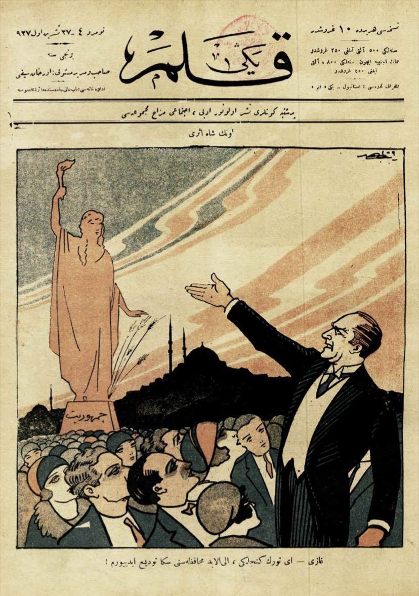 LibraryLost's tweet image. In his great speech at the Republican People's Party congress in 1927, Atatürk said that he entrusted the Republic to the Turkish youth.
"Ghazi (Mustapha Kemal) - O Turkish Youth, I entrust the republic to you forever!”
Yeni Kalem Magazine Oct. 27, 1927
Cartoonist Ratip Tahir