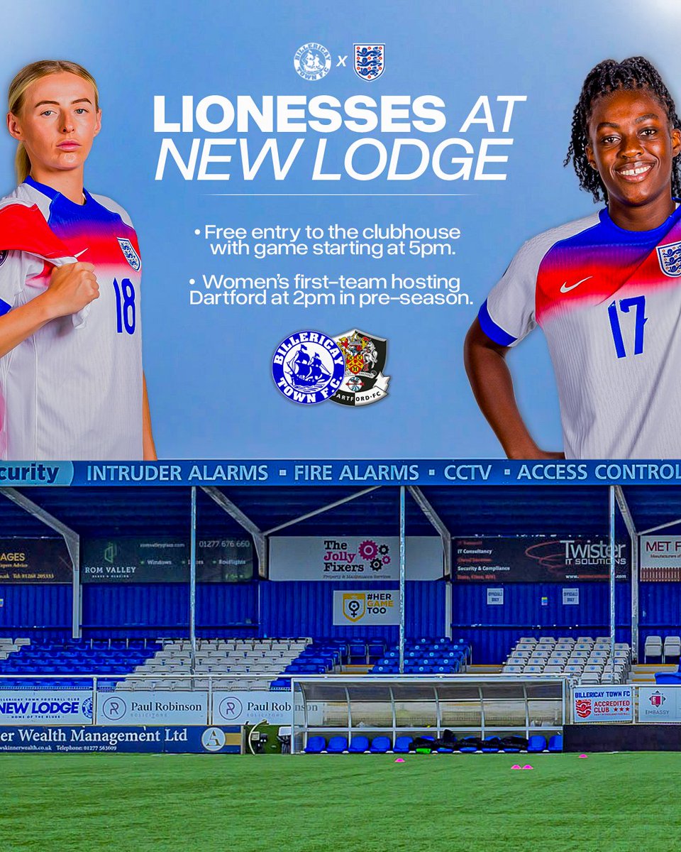 Billericay Town FC (@btfc) on Twitter photo Catch the Women’s Euros final live at BTFC 😍
We will be showcasing the Lionesses' game at 5pm on Sunday in the clubhouse for free after our women's game against Dartford 📺
#BTFC 🔹 Catch the Women’s Euros final live at BTFC 😍
We will be showcasing the Lionesses' game at 5pm on Sunday in the clubhouse for free after our women's game against Dartford 📺
#BTFC 🔹