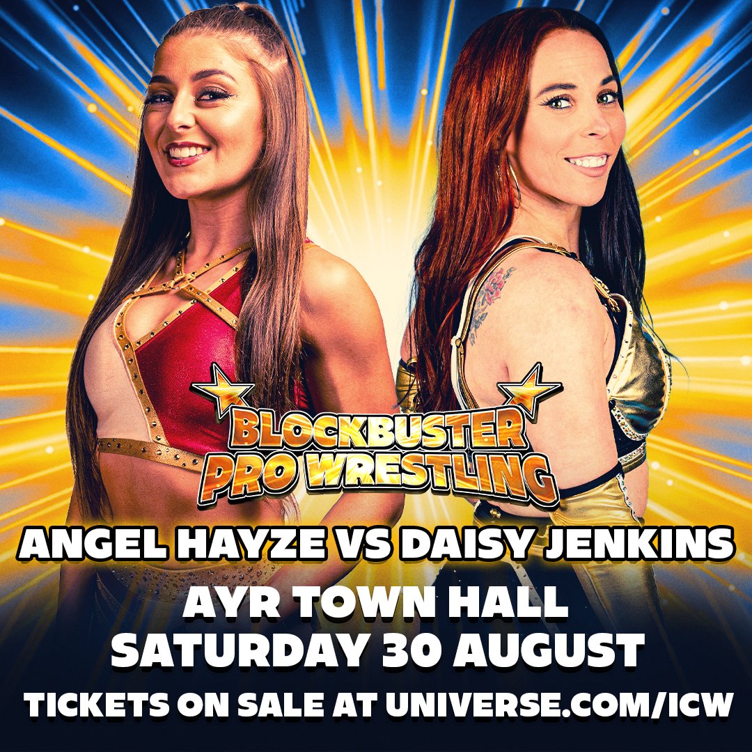 BlockbusterWres's tweet image. Two of Scotland's best collide in Ayr on Saturday 30 August, when @AngelHayzeUK takes on @DaisyJenkinspw! 3 second row seats remaining at universe.com/icw