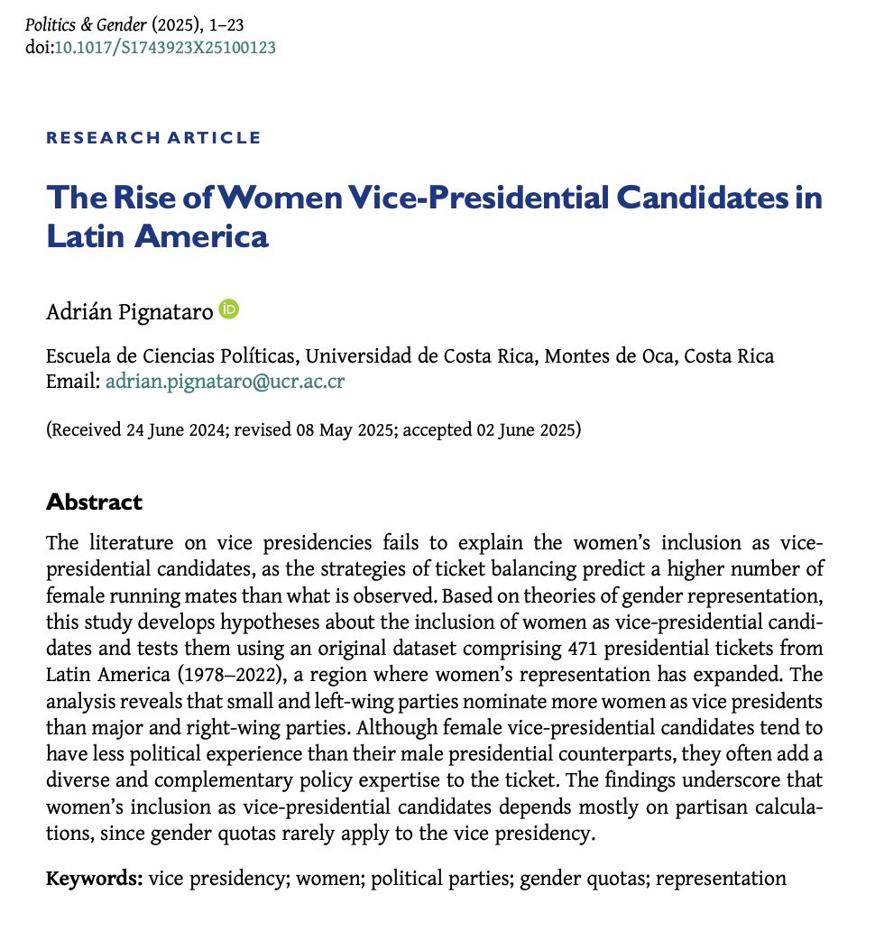PoliticsGenderJ's tweet image. 📣 Out on #FirstView 📣
In "The Rise of Women Vice-Presidential Candidates in Latin America" Adrián Pignataro presents and tests novel hypotheses about the strategic inclusion of women on presidential tickets.
buff.ly/FHwu2Bo