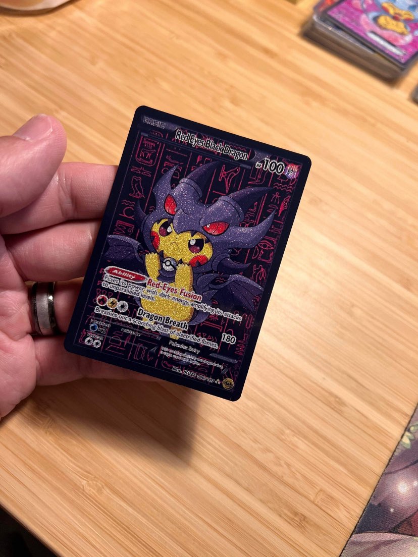 PokemonNFTS96's tweet image. Pikachu as red eyes black dragon Pokemon and yugioh card version available on my Etsy shop