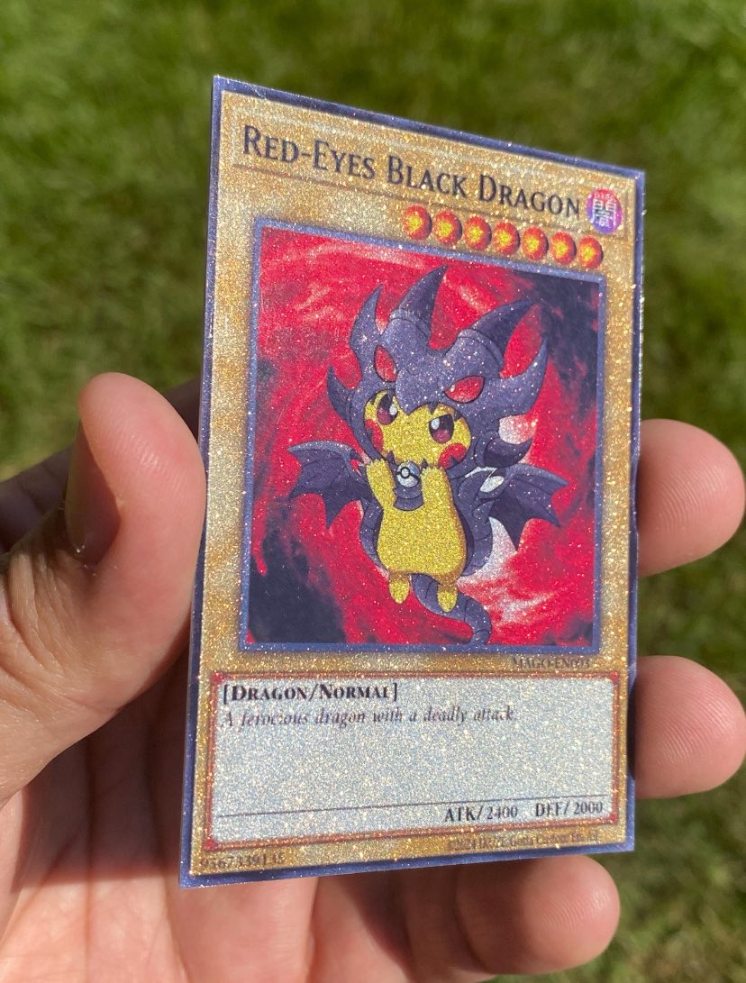 PokemonNFTS96's tweet image. Pikachu as red eyes black dragon Pokemon and yugioh card version available on my Etsy shop