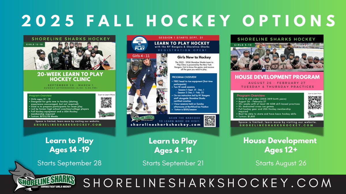 Three fall hockey at Northford for girls new to the sport: 

House Development Program for girls 5 - 12 (8/26 - 2/27) 

NY Rangers LTP Clinic for girls 4-11.  Free equipment for 1st timers.  (9/21-12/1) 

LTP Clinic for girls 12 - 18.  (9/28- 3/1). 

🔗 bit.ly/4lET4WB