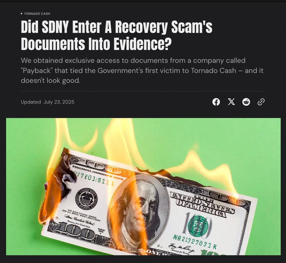 🚨EXCLUSIVE: The Rage has obtained records of private communications with Payback, a recovery firm used by Government witness “Katie” Lin, that provided SDNY’s only link to Tornado Cash.

Victims paid Payback over $90,000 for “fraudulent tracing reports.”

Full story 👇