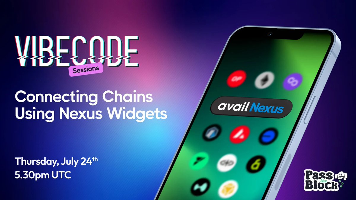 AvailProject's tweet image. Vibecoding is back!
And this time, we're building with a smart UI that connects chains using Avail Nexus.
No bridges. No network switching. Just seamless crosschain token flows, baked into your dApp.
On July 24th, 5:30pm UTC
Don’t just watch. Come build.