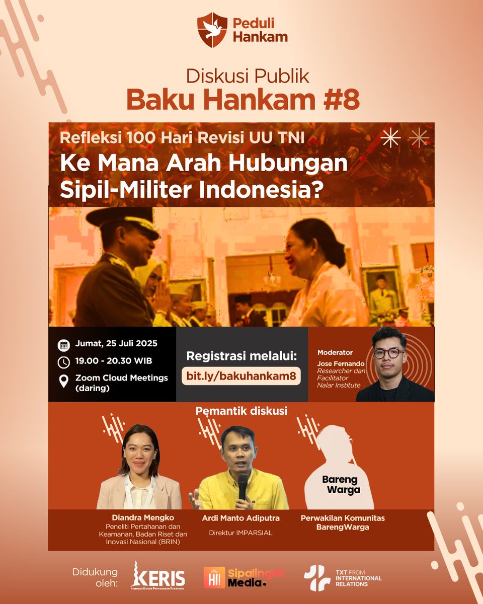 Baku Hankam #8 tinggal dua hari lagi!

Menurut kalian, apakah hubungan sipil-militer Indonesia pasca revisi UU TNI menuju arah lebih demokratis?

Gimana harusnya peran TNI dalam kehidupan bernegara? 🤔

Yuk bahas bareng pemantik diskusi! Daftar segera di:
bit.ly/bakuhankam8
