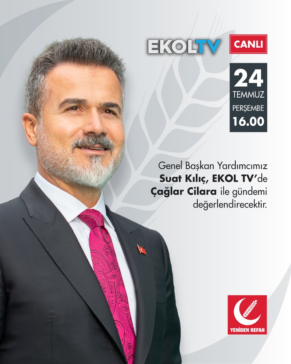 rprefahpartisi's tweet photo. Genel Başkan Yardımcımız Suat Kılıç, EKOL TV’de Çağlar Cilara ile gündemi değerlendirecektir.

📅 24 Temmuz Perşembe
🕐 16.00
📡 EKOL TV https://t.co/iq2Y2dTlx1