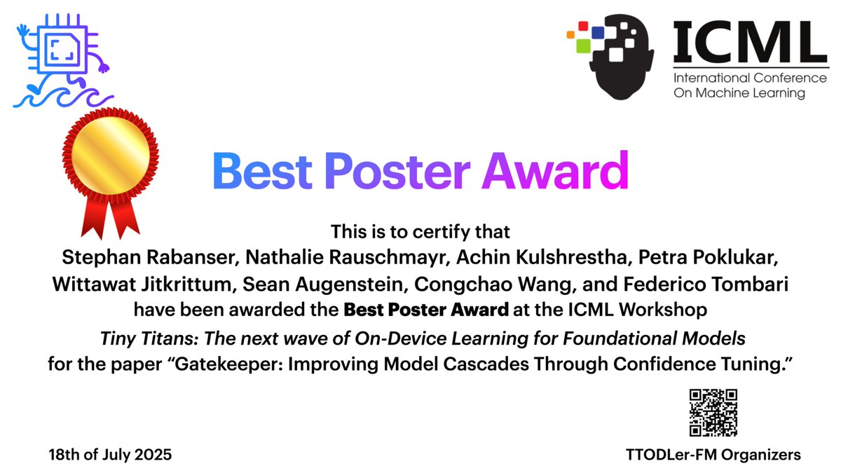 🏅 Very excited to share that my recent Google internship project on model cascading has received the 𝗕𝗲𝘀𝘁 𝗣𝗼𝘀𝘁𝗲𝗿 𝗔𝘄𝗮𝗿𝗱 at the 𝘛𝘛𝘖𝘋𝘓𝘦𝘳-𝘍𝘔 𝘞𝘰𝘳𝘬𝘴𝘩𝘰𝘱 @ 𝘐𝘊𝘔𝘓! Thanks a lot to the organizers for setting up this amazing workshop!