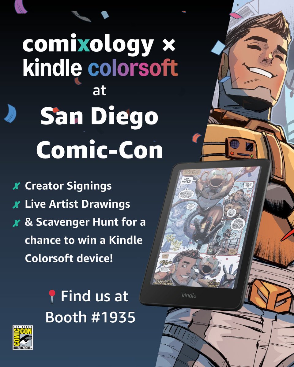 Comixology's tweet image. The word is out! We’re teaming up with Kindle Colorsoft for #SDCC2025!
Swing by Booth #1935 to join the Comixology x Kindle Colorsoft Scavenger Hunt—you could score free comics, discount codes, and maybe even walk away with a brand-new Kindle Colorsoft.
Let the hunt begin. 👀🕵️♂️
