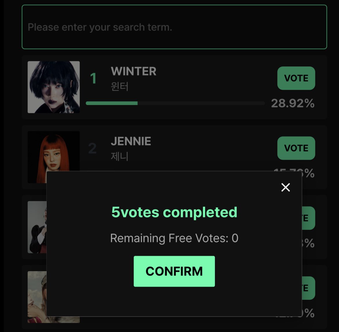 📌 VOTE CHO WINTER TẠI JUPITER MUSIC AWARD

#WINTER được đề cử cho hạng mục Female Artist of the Year tại Jupiter Music Award. 
 
👉🏻 Đăng nhập và vote tại trang web chính của MUNIVERSE: muniverse.io
(Mỗi tài khoản được vote free 5 lần/ngày)

Hiện tại