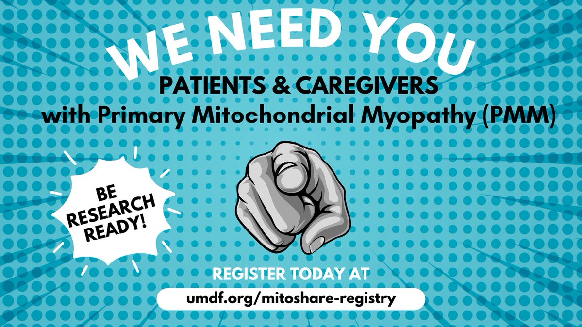 UMDF's tweet image. Calling all patients with Primary Mitochondrial Myopathy (PMM)! Please take 10-15 minutes to join our patient-populated registry, mitoSHARE. Be the first to join upcoming studies that might be a fit for you or a loved one with #mitochondrialdisease. Join umdf.org/mitoshare-regi…