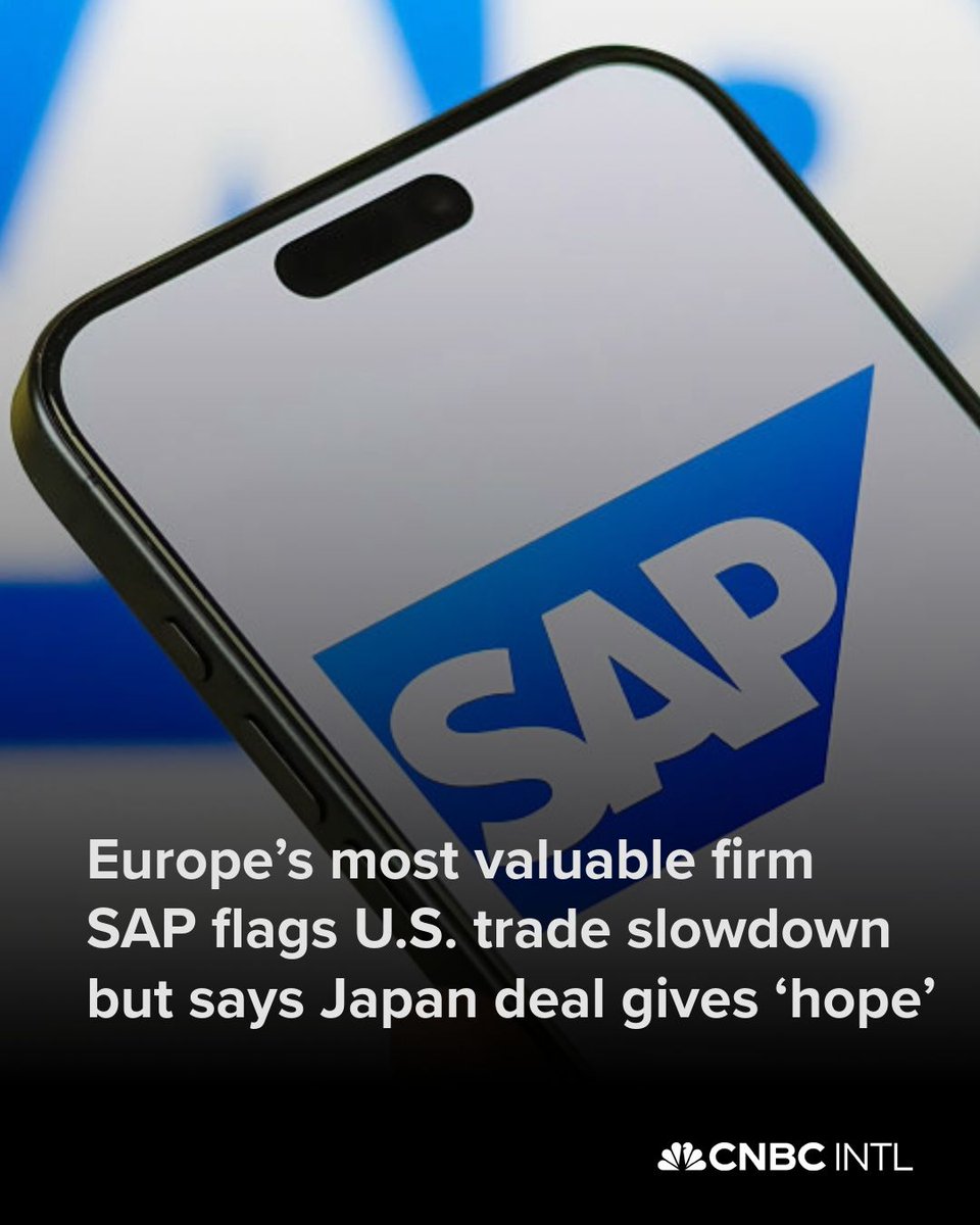 CNBCi's tweet image. Deal-signing at German software giant SAP cooled in the second quarter amid trade uncertainty, but the U.S.-Japan deal agreed Tuesday provides some “hope,” Chief Financial Officer Dominik Asam told CNBC.
➡️ Europe’s most valuable company reported 9% higher revenue and a 22% jump…