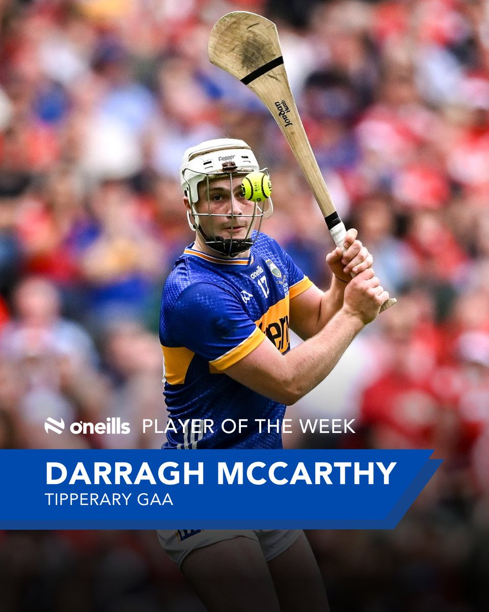 ONeills1918's tweet image. Player of the Week 🏆
Tipperary’s Darragh McCarthy takes this week’s honours after a sensational display in the All-Ireland Hurling Final against Cork!🔥
A masterclass under pressure, racking up an incredible 1-13 to bring the Liam MacCarthy Cup back to the Premier County!💙💛