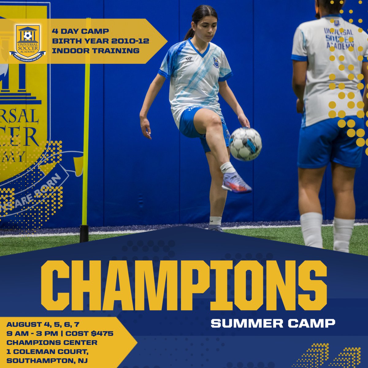 Join us for the Champions 4-Day Summer Camp ⚽️ Aug 4-7, 9 AM-3 PM! Sign up now: ow.ly/ejwU50WeRBy @univsocceracademy #summercamps #njsoccer