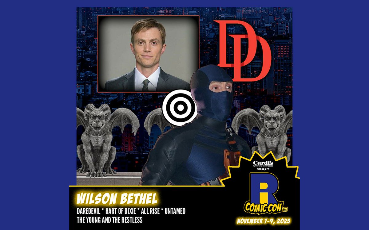 ricomiccon's tweet image. Please welcome @WilsonBethel to #RICC2025 at @The_AMPPVD and @RIConvention! Wilson played Benjamin "Dex" Poindexter / #Bullseye in #Daredevil and its revival series Daredevil: Born Again. He is also known for his roles as Ryder Callahan on The Young and the Restless, Wade…