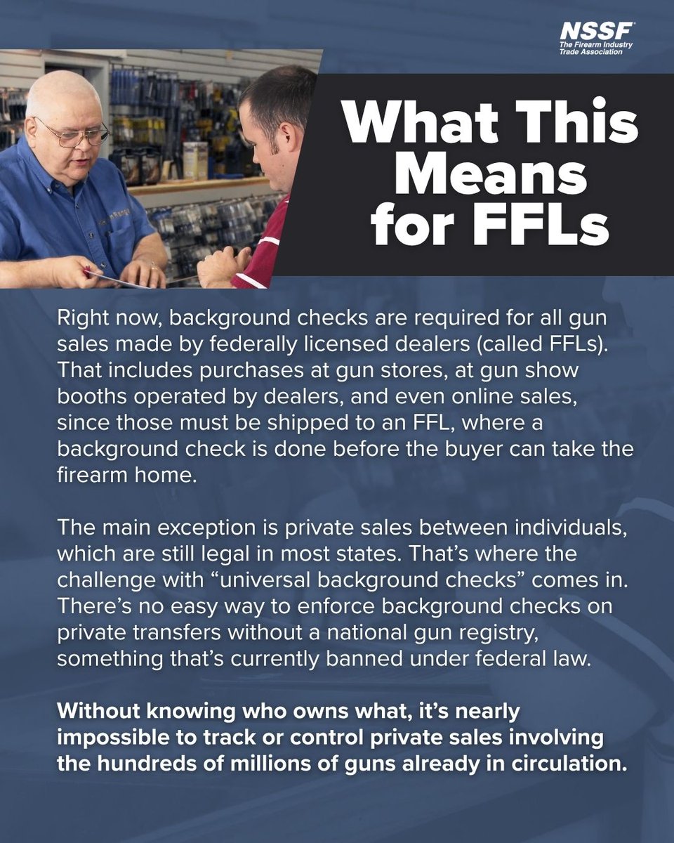 NSSF's tweet image. Policy buzzwords like #UniversalBackgroundChecks can create confusion and unintended consequences for FFLs.
❗️Here’s the reality: FFLs already run background checks on every commercial firearm sale. But enforcing checks on every private transfer would require a national gun…