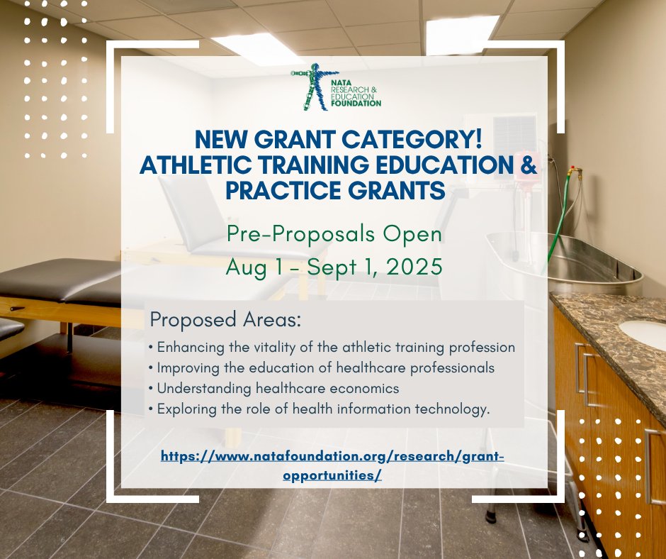NATAFoundation's tweet image. 🚨 NEW GRANT CATEGORY! 🚨
The NATA Foundation announces the Athletic Training Education & Practice Grant—funding research in:
📚 Education
💰 Healthcare economics
💻 Health IT
🧑⚕️ AT profession vitality
🗓️ Pre-proposals open Aug 1–Sept 1
🔗 natafoundation.org/research/grant…