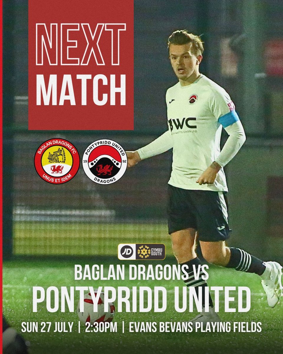 𝐍𝐄𝐗𝐓 𝐔𝐏 🔜

<a href="/BaglanDragons/">Baglan Dragons</a> 🆚 Pontypridd United

📅 Sunday 27th July
⏰ 2:30PM
🏟 Evans Bevans Playing Fields
📍 SA12 8ES

The Dragons take on...the Dragons this Sunday as we kick off our 2025-26 JD Cymru South campaign - c'mon boys! 🐉

#OneClub #WeAreUnited