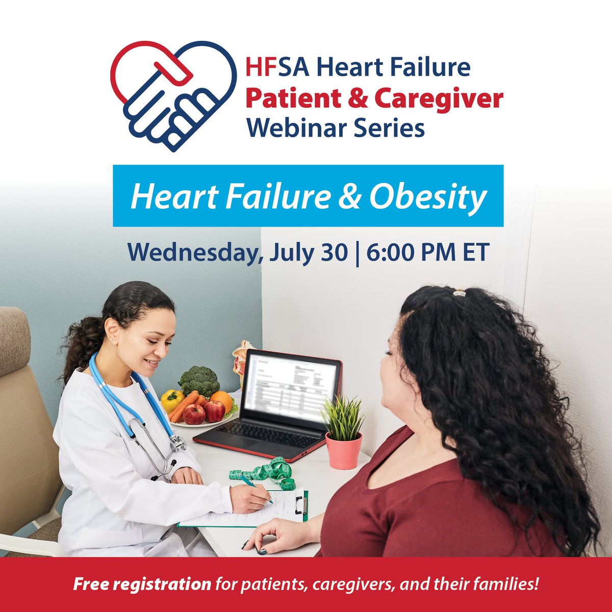 HFSA's tweet image. Help your patients take charge of their health with HFSA’s free Heart Failure & Obesity webinar designed specifically for patients and caregivers.
Led by experts, this session offers clear, practical guidance on how weight affects heart failure and what steps patients can take…