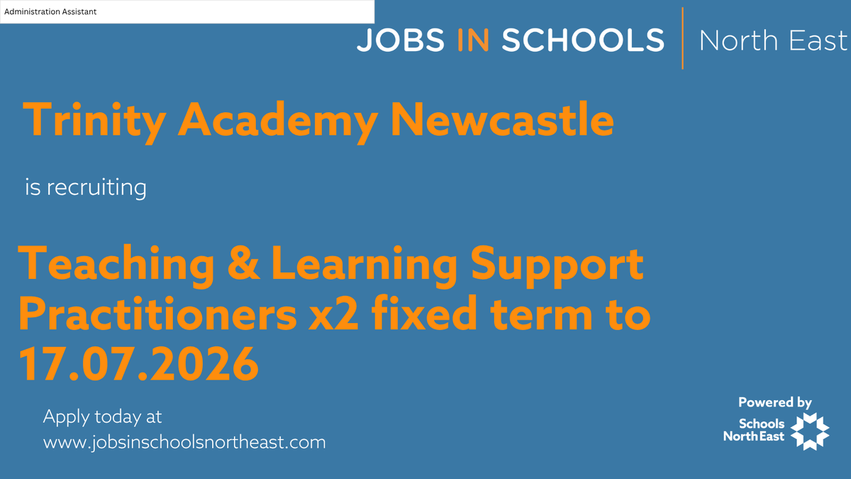 JobsInSchoolsNE's tweet image. .@TrinityNCL is recruiting Teaching &amp;amp; Learning Support Practitioners x2 fixed term to 17.07.2026.

Find out more: shorturl.at/Y2WUB