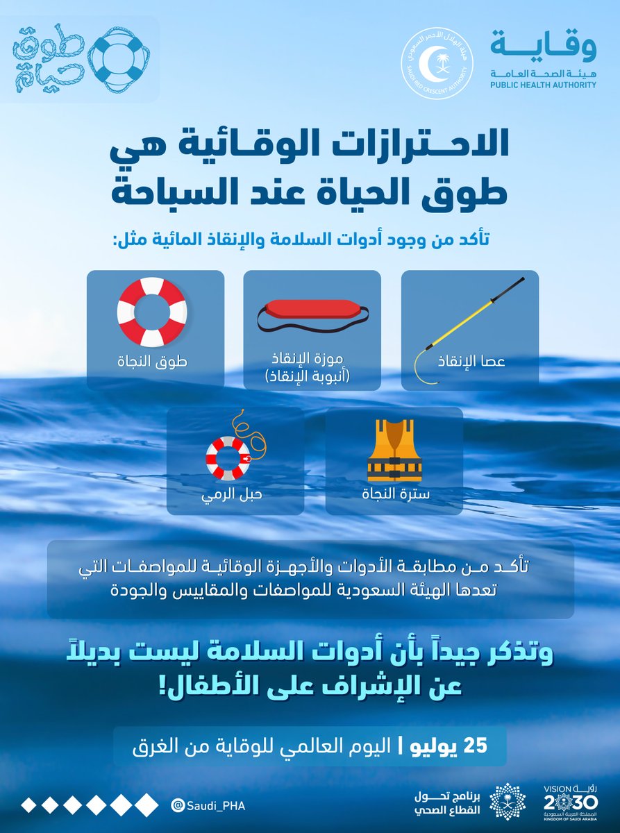 mediasrca's tweet image. انتبه!
الغرق يُعدّ أحد أبرز أسباب الوفاة المفاجئة حول العالم، تأكد دائماً من وجود أدوات السلامة ولإنقاذ بأماكن السباحة
#اليوم_العالمي_للوقاية_من_الغرق